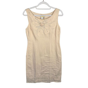 H.O.G. Linen Blend Embroidered Floral Cream Sleeveless Dress Size 6 Boho Resort